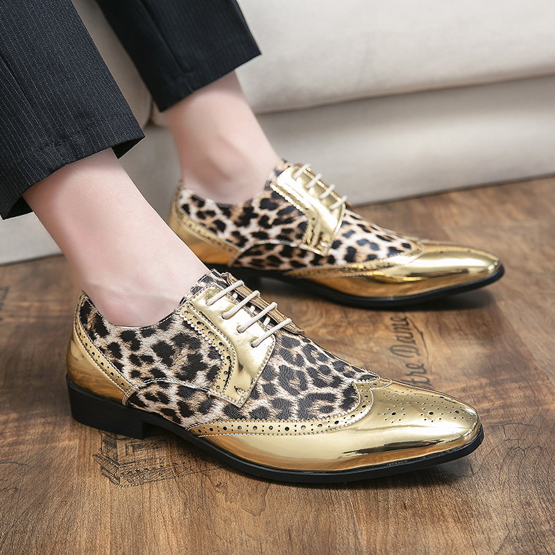 

Bullock Leopard Print Loafers Men Casual Shoes Leather Gold Silver Fashion Trend Pointed Youth British Daily Party Wedding Business Shoes