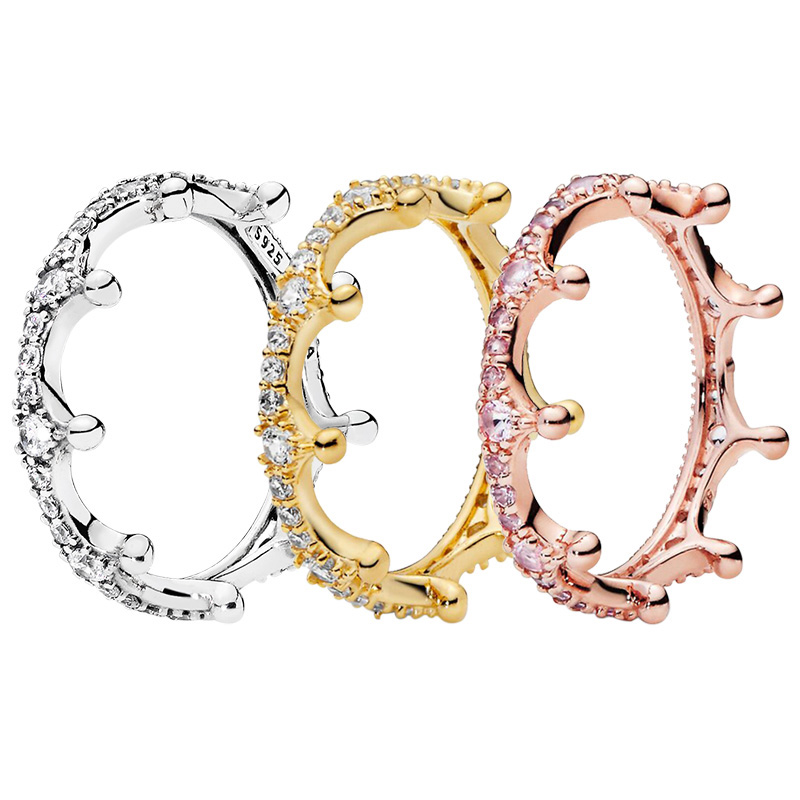 Pink Sparkling Gold Crown RING 100% 925 Sterling Silver Luxurious Rings Women Girlfriend Gift Wedding Party Jewelry Diamond Stacking Ring with Re