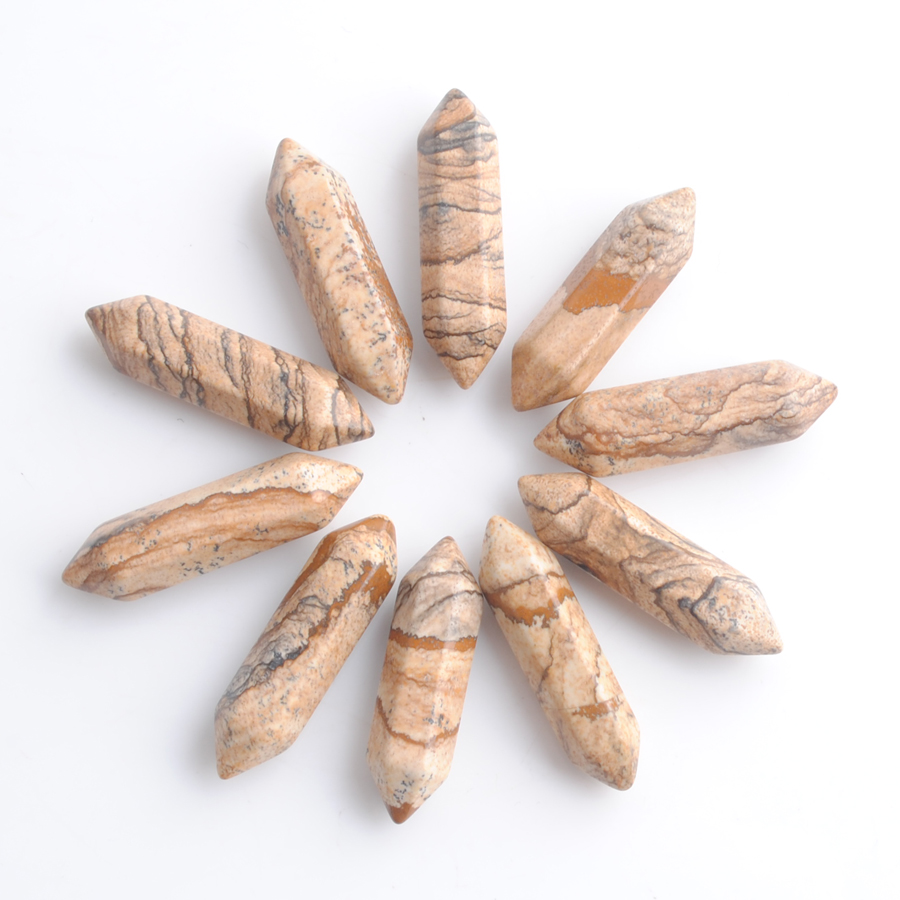 

Wholesale Loose Gemstones Hexagonal Healing Pointed Reiki Chakra Natural Owyhee Picture stone 30x8mm No Drilling Hole Pendant Beads U3312