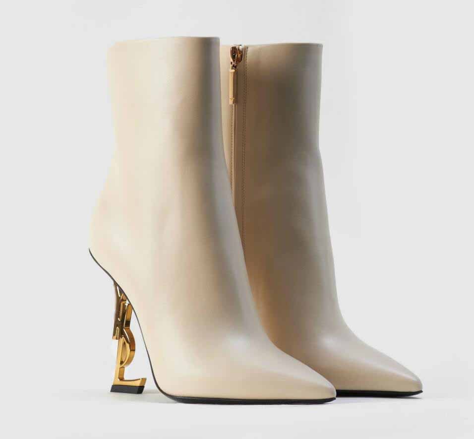 

Ankle Boot Shoes Opyum Booties Woman High Heels Women Autumn Calf Leather Pointed Toe Black White Luxury Brands With Box