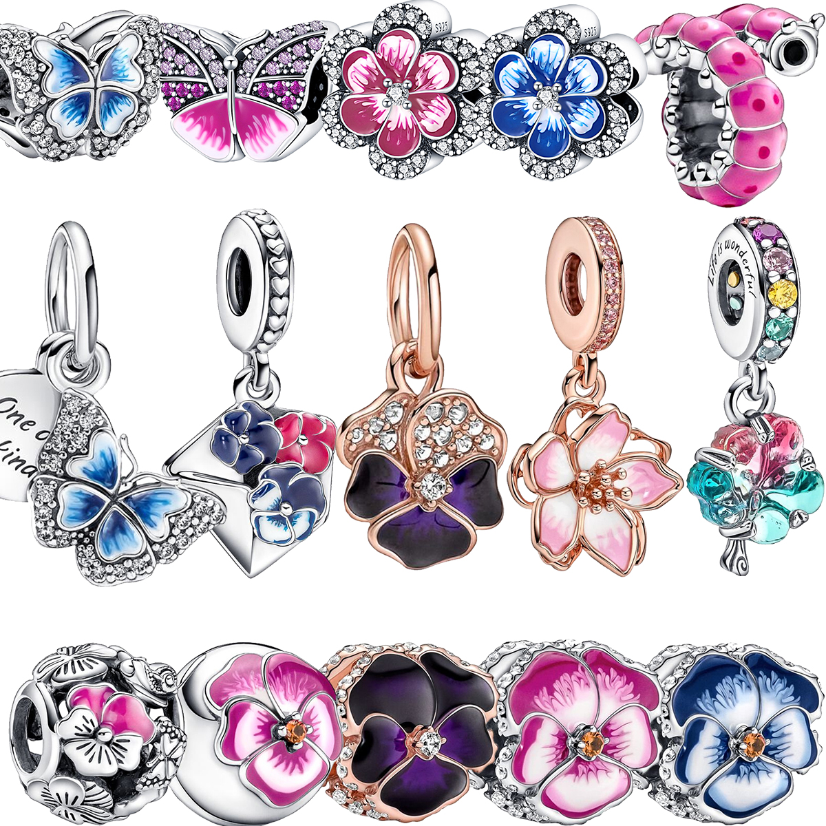 

New Popular 925 Sterling Silver Colored Gemstone Pansy Flower Pendant Butterfly Glitter Charm for Pandora Bracelet Girls DIY Jewelry Gifts