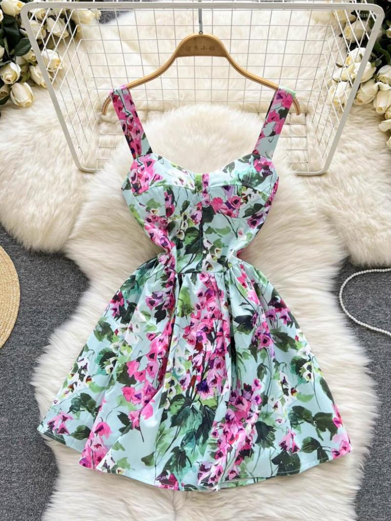 

Casual Dresses Summer Women' Dress Fashion Runway Floral 2022 Elegant Spaghetti Strap Sleeveless High Waist A-line Mini Vestidos, Green