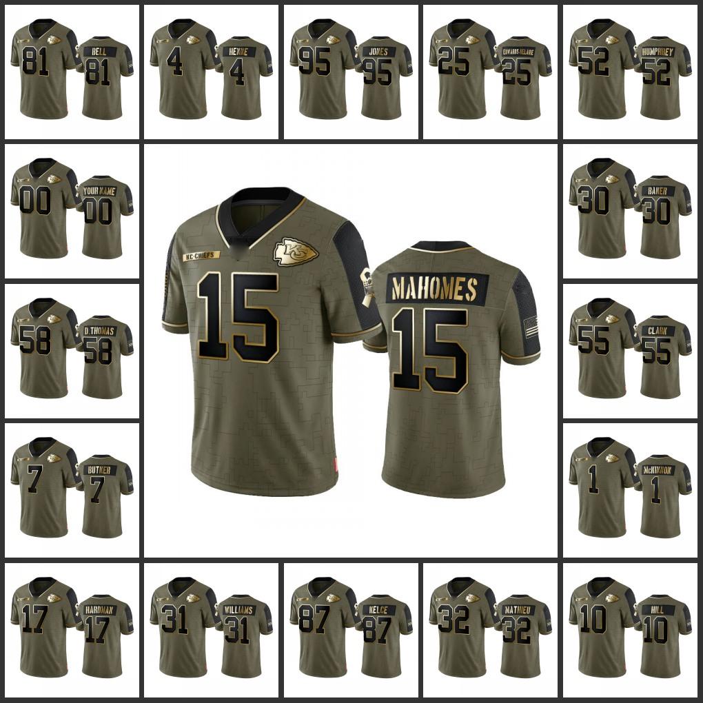 

football Kansas''City''Chiefs''Men #15 Patrick Mahomes 87 Travis Kelce 10 Tyreek Hill 32 Tyrann Mathieu Custom Women Youth Olive Gold Salute