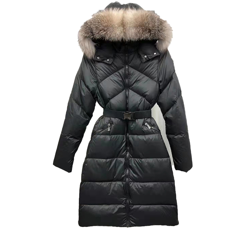 

Maya Designer Women's Down and Parka Long Large Fox Fur Collar Detachable Hooded Waist Slim Fit Embroidered Badge Padded Thermal Top, Supplement (not shipped separately)