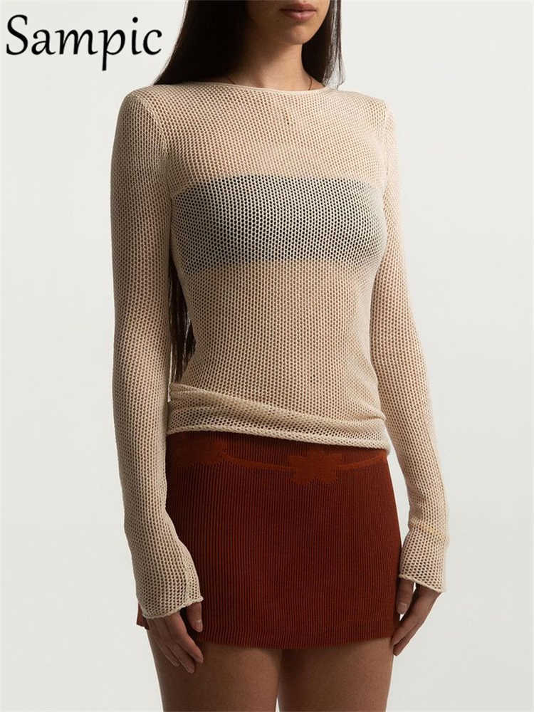 T-shirt femme Sampic tricoté décontracté marron femmes à manches longues été plage Y2K T-shirt hauts évider tenues de fête sexy t-shirts basiques