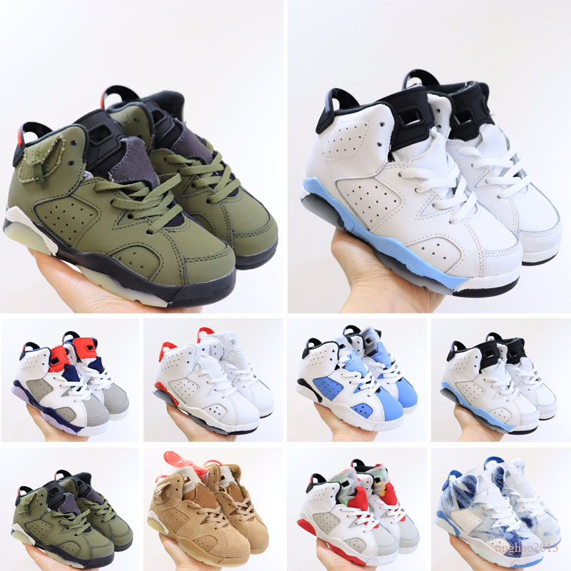 

Jumpman 6 Arrival Kids Basketball Shoes Washed Denim Georgetown Metallic Silver 6s Sneakers Sports Red Oreo UNC British Khaki Trainers Electric Green, Color 7