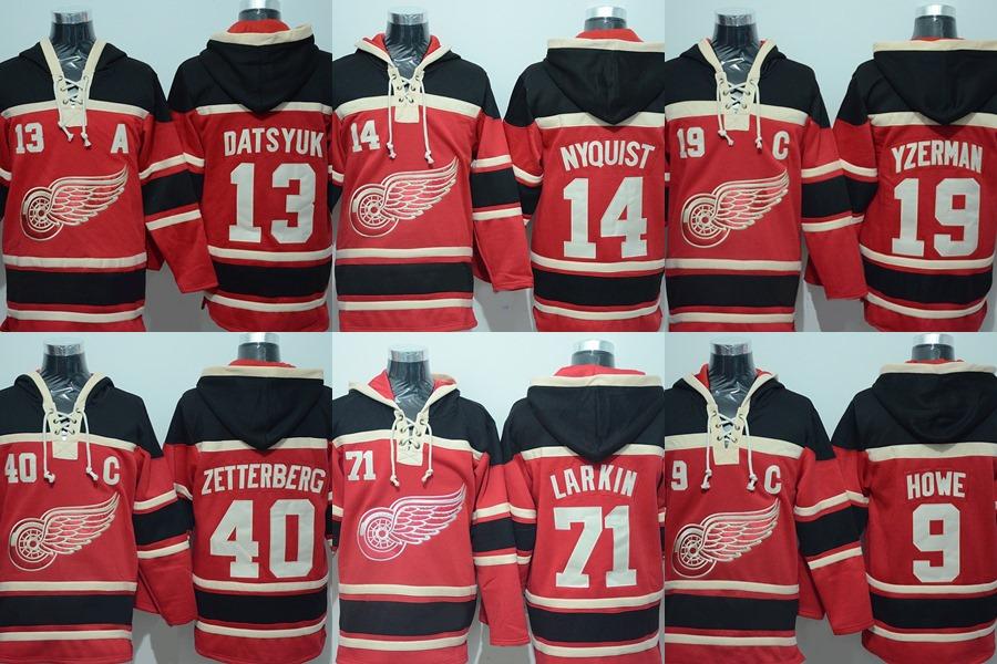 

Hockey Men s Detroit Red Wings #13 Pavel Datsyuk #9 Howe #14 Nyquist #19 Yzerman #40 Zetterbery #71 Larkin Red Black ice hockey jerseys hood, #9 red black