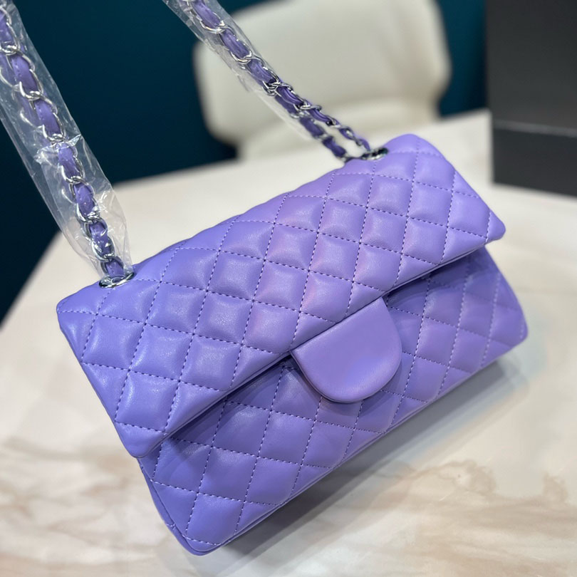 

Womens Purple Quilted Lambskin Designer Bag Classic Matelasse Gold Silver Metal Hardware Chain Turn Clasp Double Flap Crossbody Sac Outdoor Daily Handbags 25.5x17C, Box