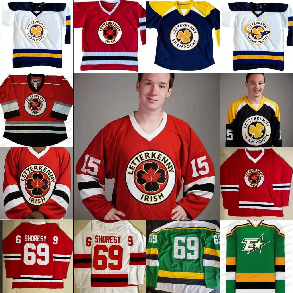 

College wear Custom Letterkenny Irish TV series Hockey Jerseys 69 Shoresy 72 Jonesy Shamrocks 15 POWELL 69 SHORESY 85 NAPPY BOY 100% Stitche, White 3 custom any name number