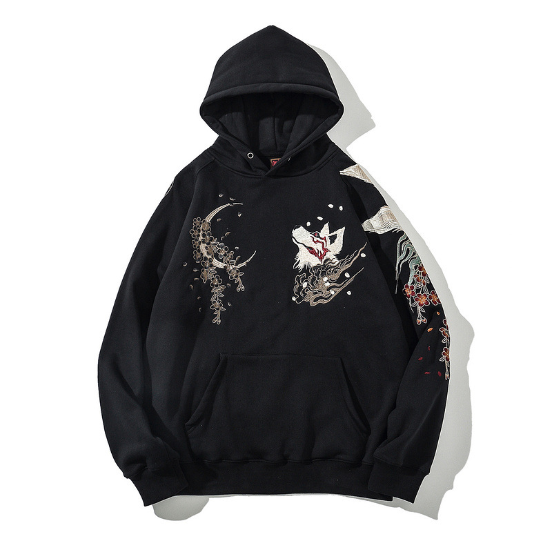 

Japanese Streetwear Hoodie Hip Hop Sweatshirt Embroidered Fox Hooded 2022 Mens Harajuku Cotton Casual Pullover Black