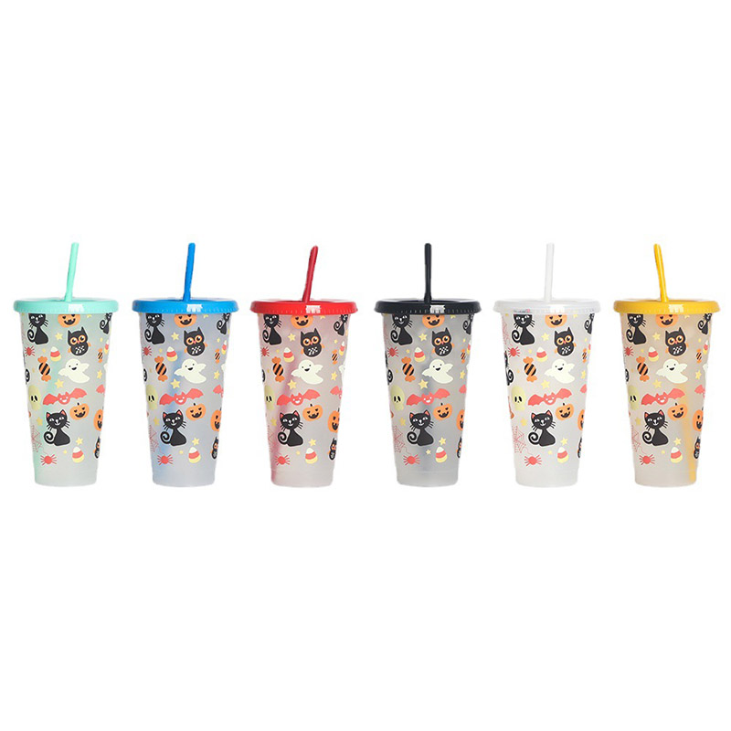 

2022 Creative Drinkware Cold Color-changing Plastic Cups Halloween Decoration Juice Cup With Lid and Straw