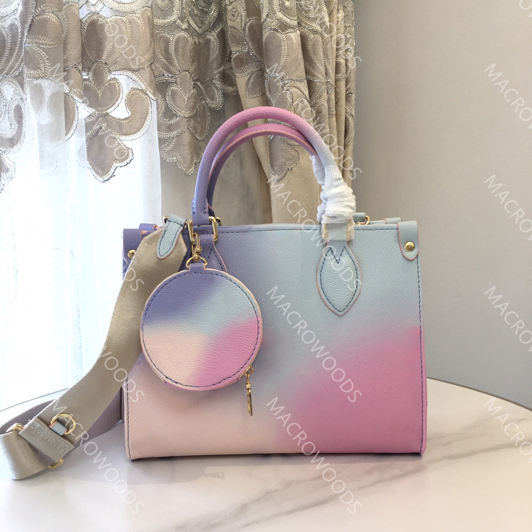 

ONTHEGO GM MM PM M46076 lady travel bag tote bag designer shopping bag for women Double Handle handbag Pastel with coin purse luxury shoulder bags business totes, Black and fuchsia