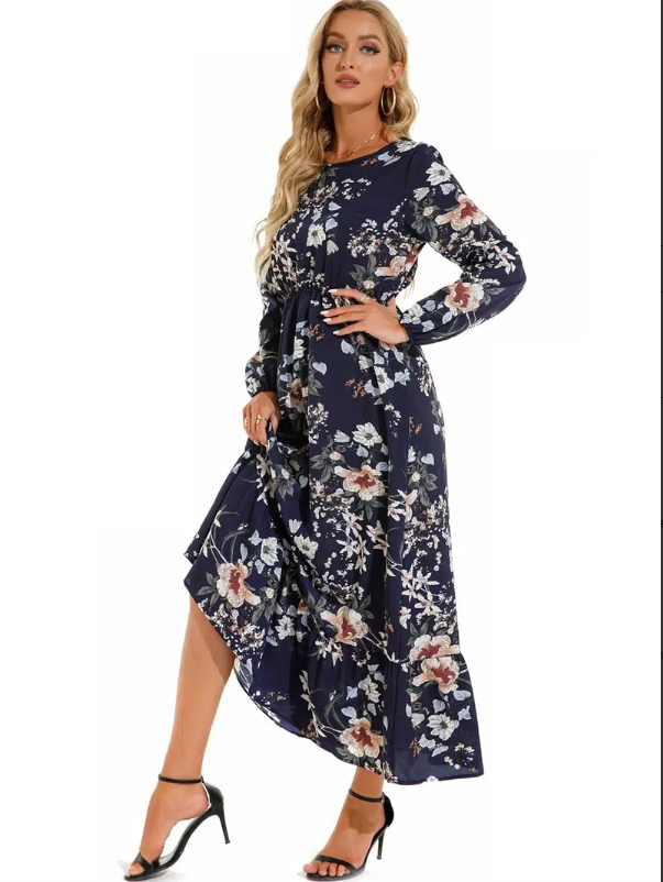 

Women's Surplice Neck Self Belted Botanical Print Casual Dresses, Navy blue