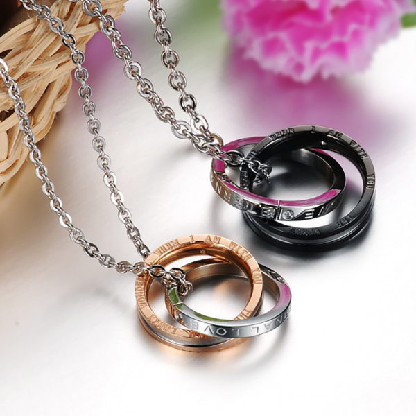 

Stainless Steel Couple Rings Necklace Crystal Love Promise Ring Pendant Couples Necklaces for Women Men Fine Fashion Jewelry