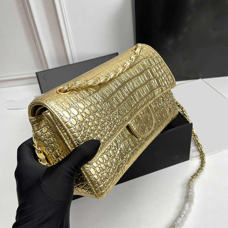

France Womens Classic Double Flap Calfskin Alligator Bags Gold Metal Hardware Matelasse Chain Crossbody Shoulder Multi Pochette Sacoche, Black