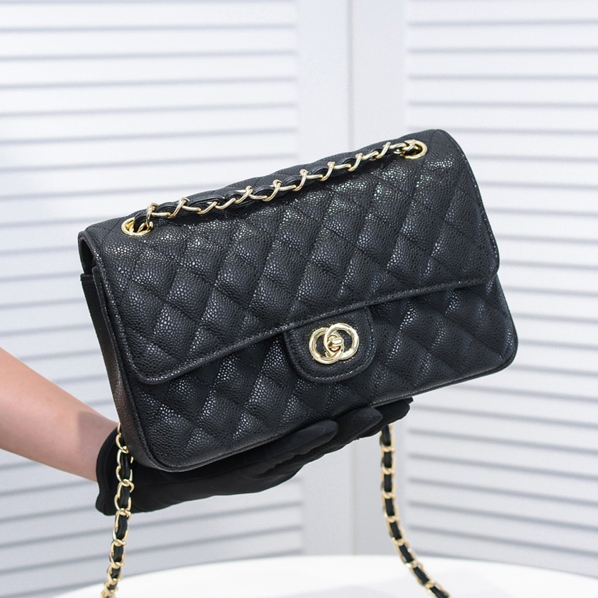 

5A designer shoulder bag classic plaid flap CF caviar handbag gold silver chain leather double letter solid color buckle square stripe lady messenger bag, Box