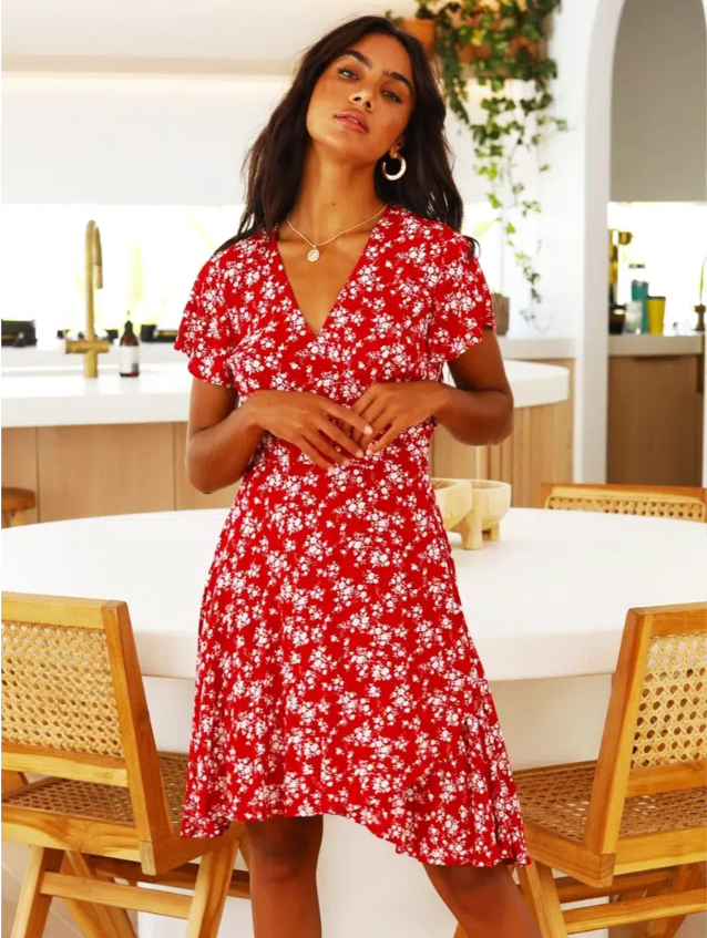 

Women's Dresses Floral Print Wrap Belted Mini Dresses Secure privacy, Red