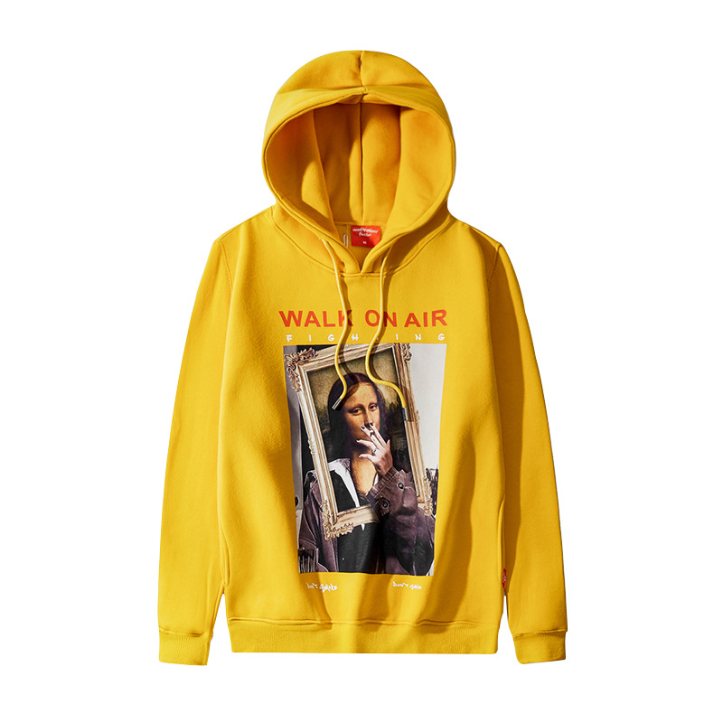 

Funny Mona Lisa Smoking Print Fleece Hoodies Pullover Hooded Sweatshirts Harajuku Hip Hop Streetwear Hoodie Casual Tops, Black