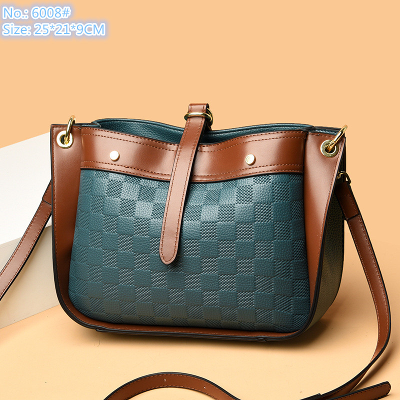 

Wholesale factory ladies shoulder bag 5 colors simple and versatile contrast handbags classic embossed leather handbag fashion check backpack, Blue-6008#