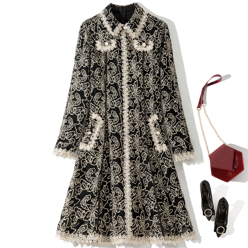 

2022 Autumn Lapel Neck Paisley Embroidery Dress Black Long Sleeve Panelled Knee-Length Casual Dresses 22S056584