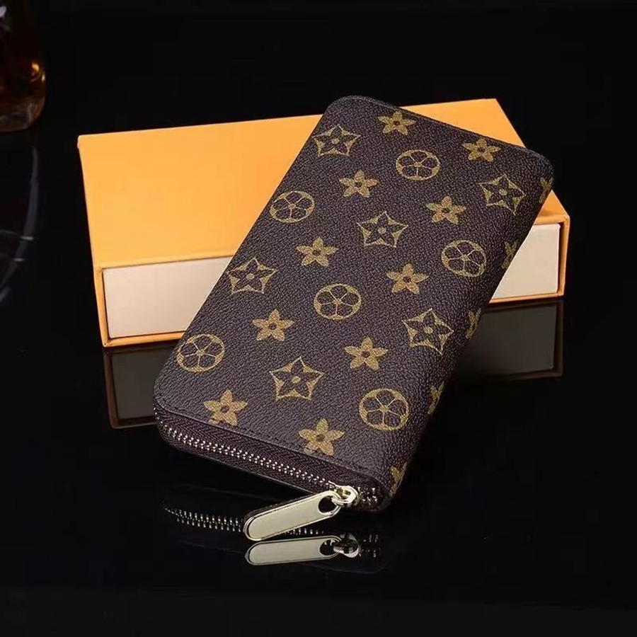 

Designer ZIPPY WALLET High Quality Soft Leather Mens Womens Iconic textured Fashion Long Zipper Wallets Coin Purse Card Case Holder 60017, Brown flower
