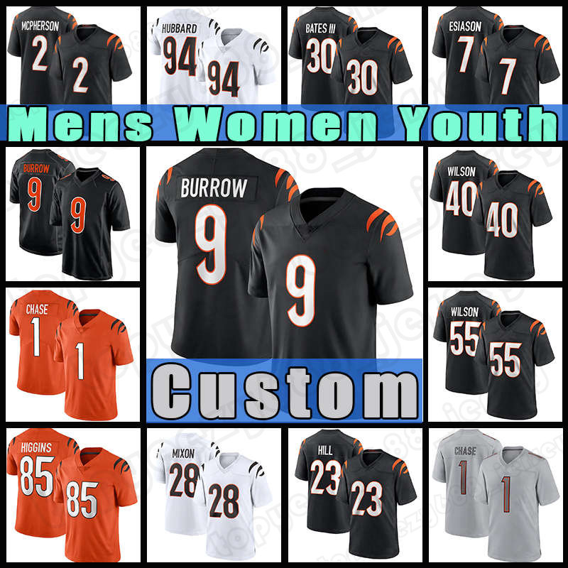 

Ja'Marr Chase 9 Joe Burrow Jessie Bates III Football Bengal Jersey Cincinnatis Evan McPherson Joe Mixon Sam Hubbard Tee Higgins Geno Atkins Tyler Boyd Logan Wilson, Custom youth (m h)