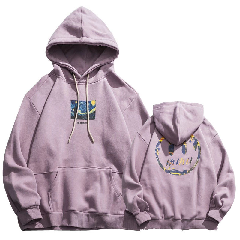 

Van Gogh Starry Night Print Fleece Hoodies Sweatshirts Streetwear Men Hip Hop Pullover Hooded Tops Male Harajuku Jumper, Blue white