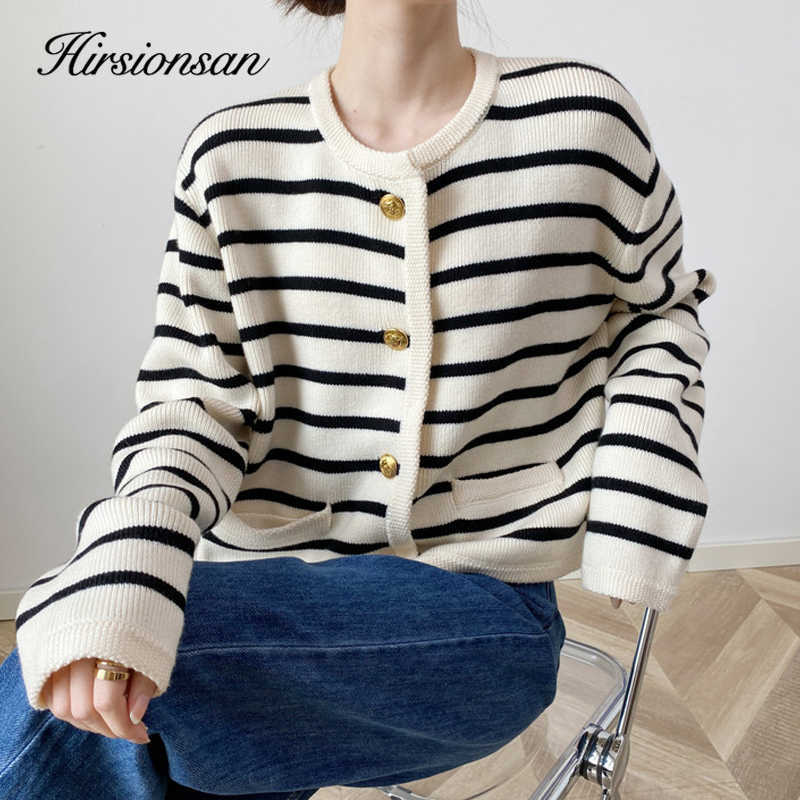 

Women's Sweaters Hirsionsan Vintage Striped Women Sweater 2022 New Western Style Warm Knitted Female Cardigan Loose O Neck Ladies Short Tops T220925, Black