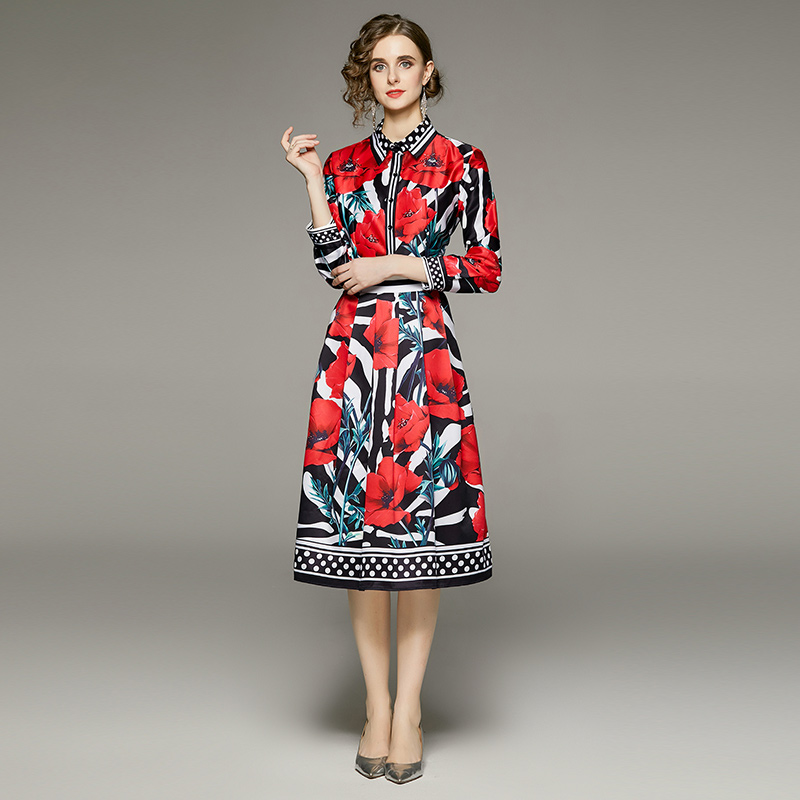 Floral Rose Midi Chemise Robe Bouton À Manches Longues 2022 Élégant Imprimé Femmes Robes De Bureau Décontractées Designer Piste Col Rabattu Dames