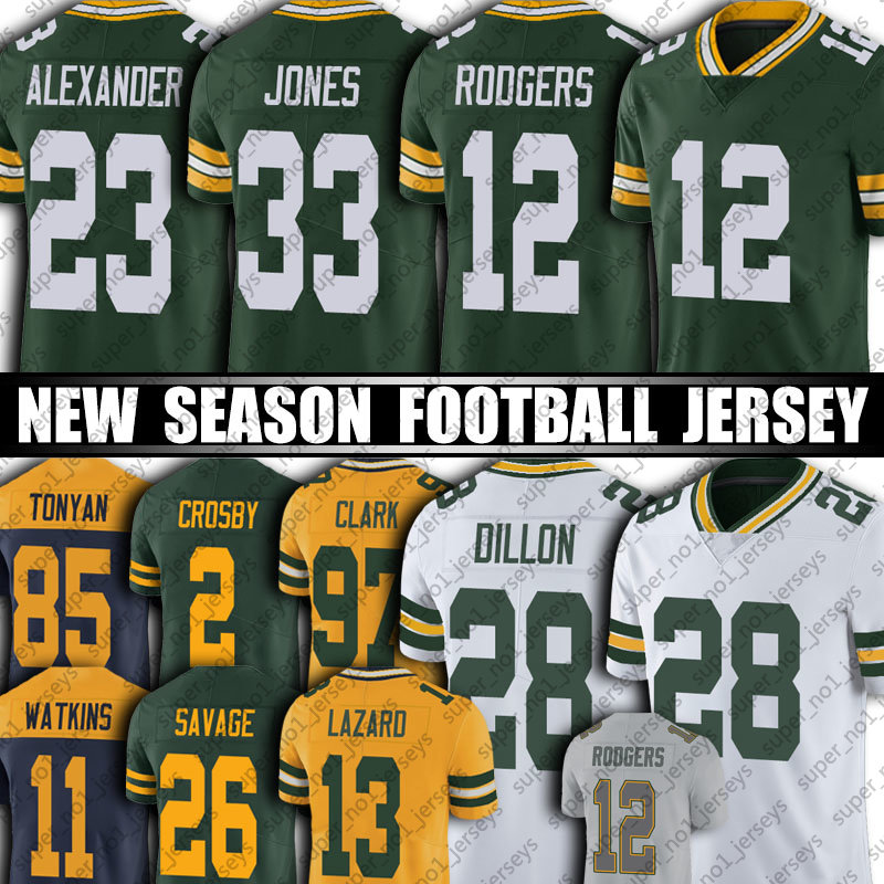 

12 Aaron Rodgers Jones Jersey Football Green Bayes Packer Allen Lazard AJ Dillon Jaire Alexander David Bakhtiari Jerseys Mason Crosby Rashan Gary Watson Savage Amos, Man custom jersey (bzg)