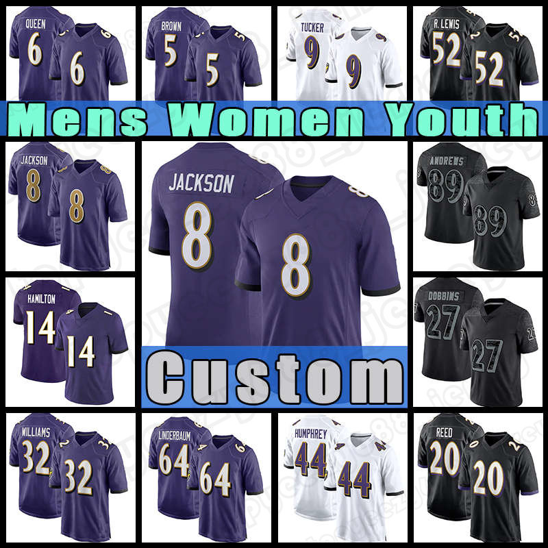 

8 Lamar Jackson Mark Andrews Football Jersey Kyle Hamilton Ray Lewis J.K. Dobbins Baltimores Raven Justin Tucker Marlon Humphrey Patrick Queen Odafe Oweh David Ojabo, Custom youth(w y)