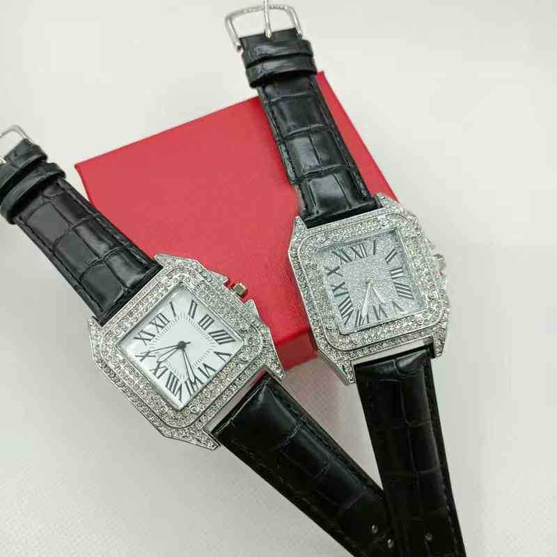 

Classic large plate square inlaid with English women's fashion Santos New Leather Watch, C silver powder noodles