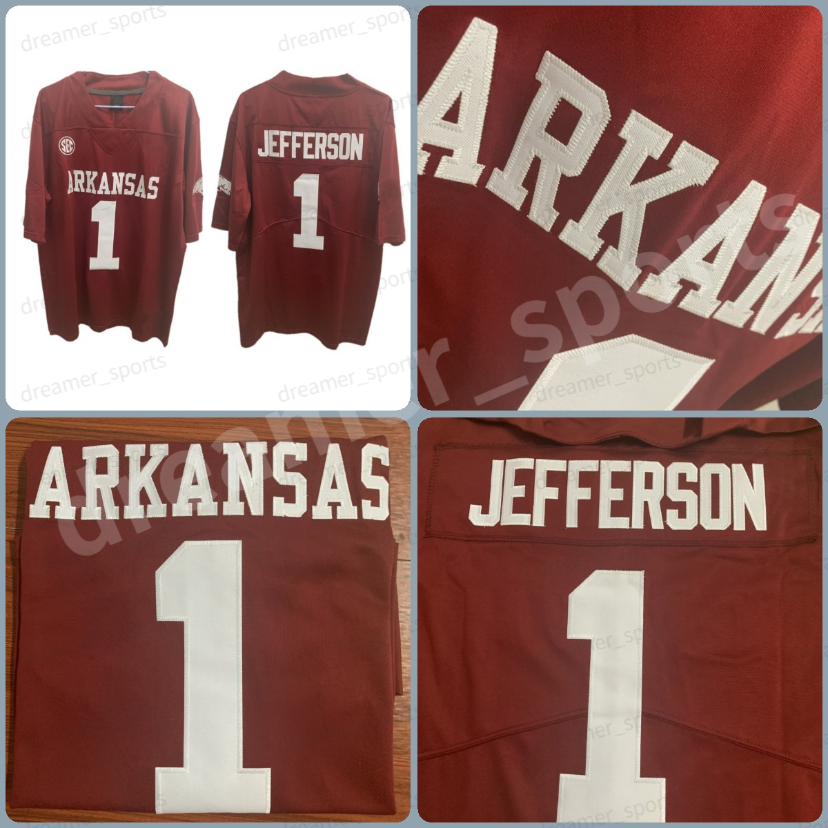 

Custom Arkansas Jefferson College Football Jersey 16 Treylon Burks 10 De'Vion Warren 17 John David 66 Ty Clary SEC Stitched NCAA Red Jerseys