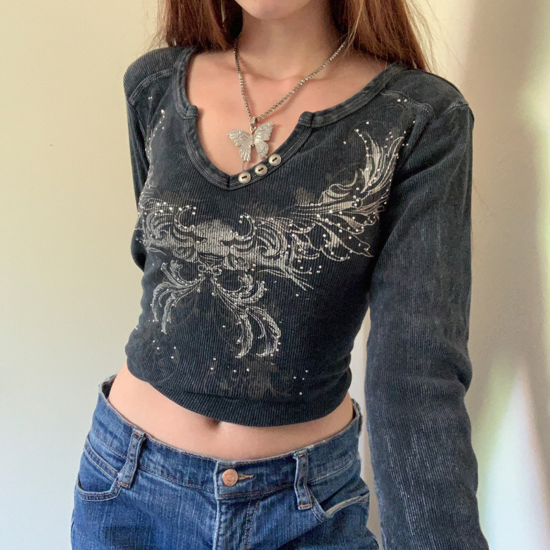 

Women' T-Shirt Vintage T-Shirts Long Sleeve Rhinestone Butterfly Women Wild Casual Spring/Fall Slim Cutout V-Neck Basic Crop Tops, Black