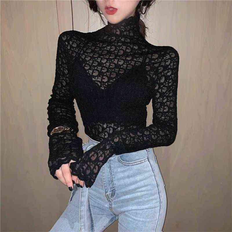

designer women High collar lace top for women's autumn and winter with long sleeve T-shirt and slim fit top, White