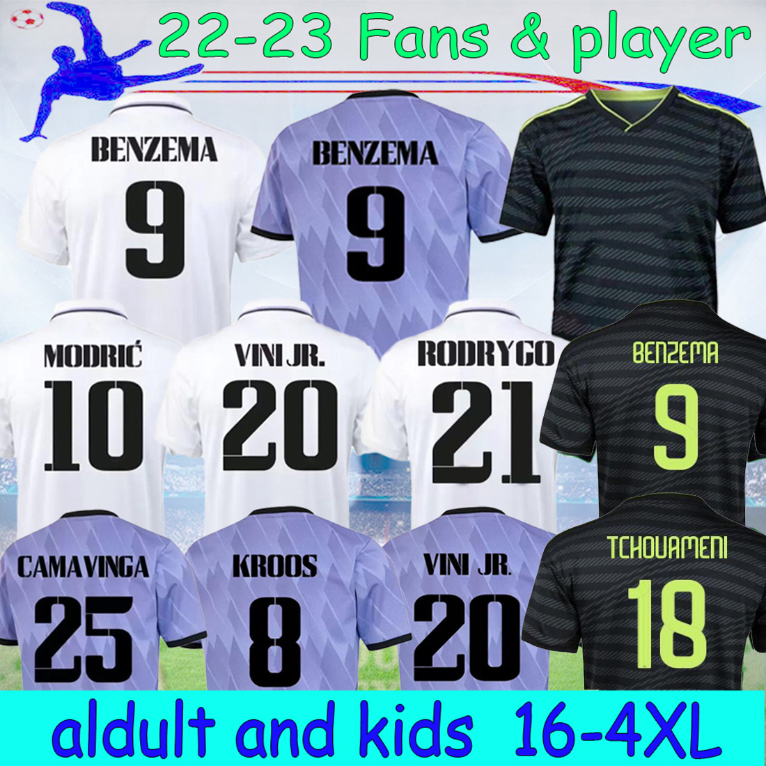 

16-4XL 22 23 3RD BENZEMA jerseys soccer Real TCHOUAMENI RODRYGO player football shirt 2022 Madrids VINI JR ALABA ASENSIO MODRIC MARCELO ISCO camiseta adults kids kit, 22/23 away kids kit