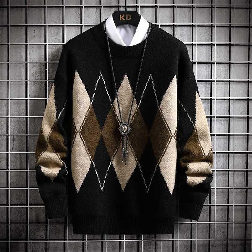 Men's Sweaters Winter Fashion Argyle Sweater Men Knitwear Thick Warm Knitted Pullover High Quality Mens Casual Loose Male Jumpers 220923