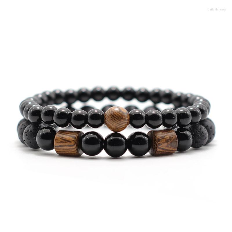 

Charm Bracelets 2pcs Men Bracelet Set Natural Volcanic Rock Obsidian Stone Braclet Homme Wenge Wood Braslet Man Hand Accessories Gift For