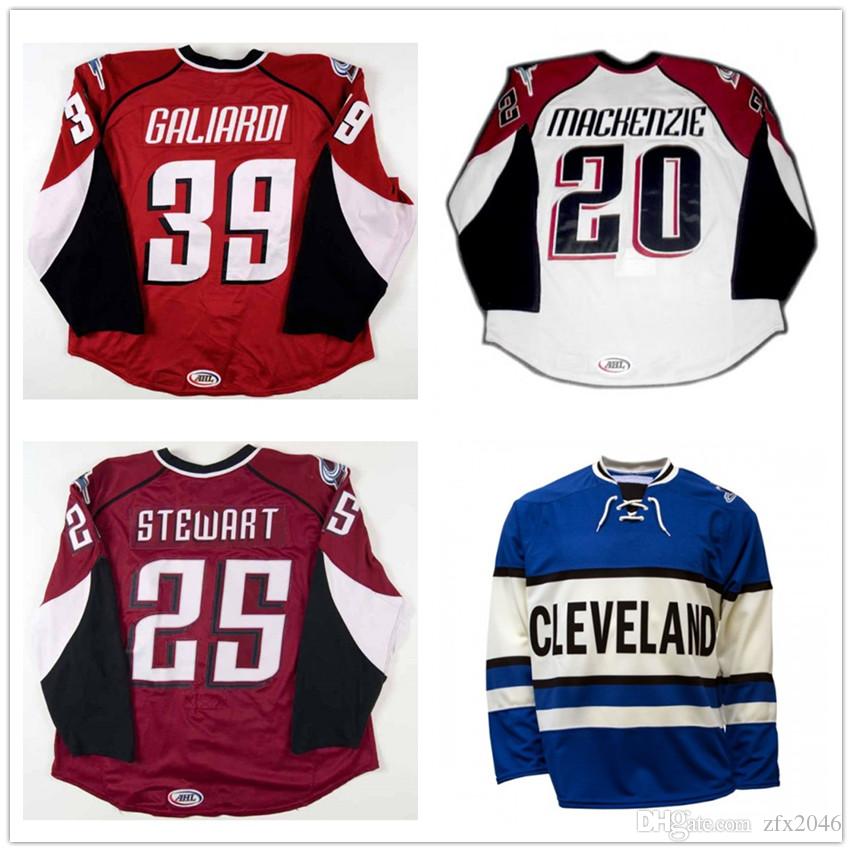 

College wear Custom AHL Cleveland Lake Erie Monsters 25 Stewart 20 Mackenzie 39 Galiardi Hockey Jerseys Red White Blue Stitched Logos Size S, Custom your name+number