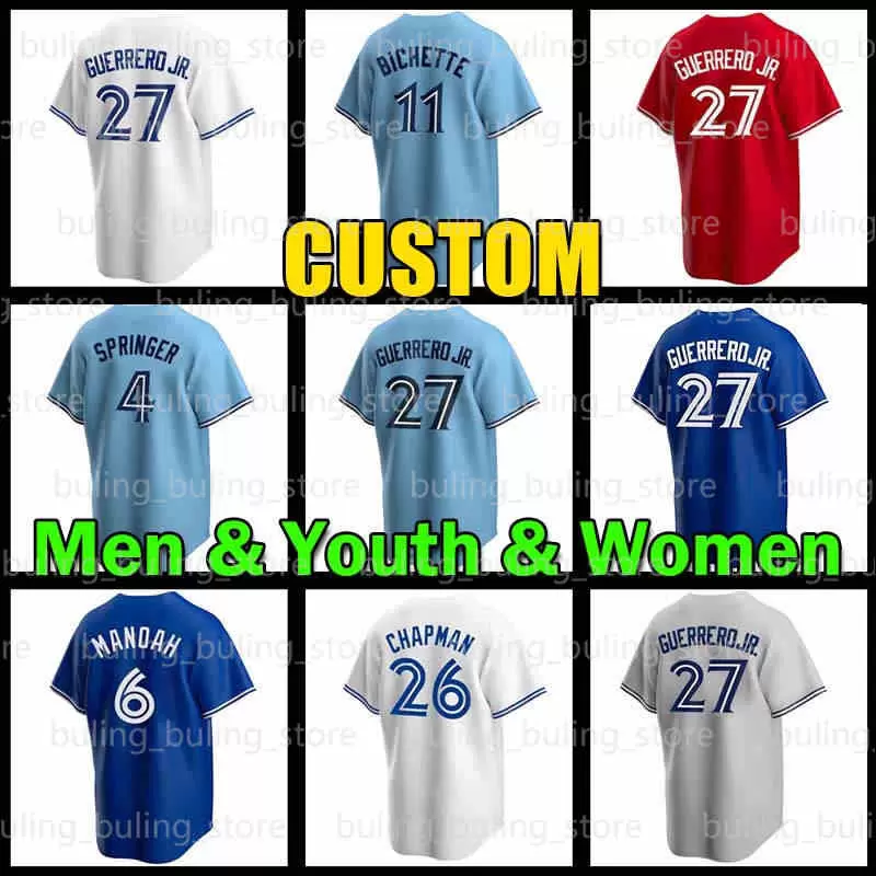 

baseball 27 Vladimir Guerrero Jr. Baseball Jersey Toronto 11 Bo Bichette 4 George Springer Blue Jays Matt Chapman Alek Manoah Romano Kevin G, Women custom cool base(l n)