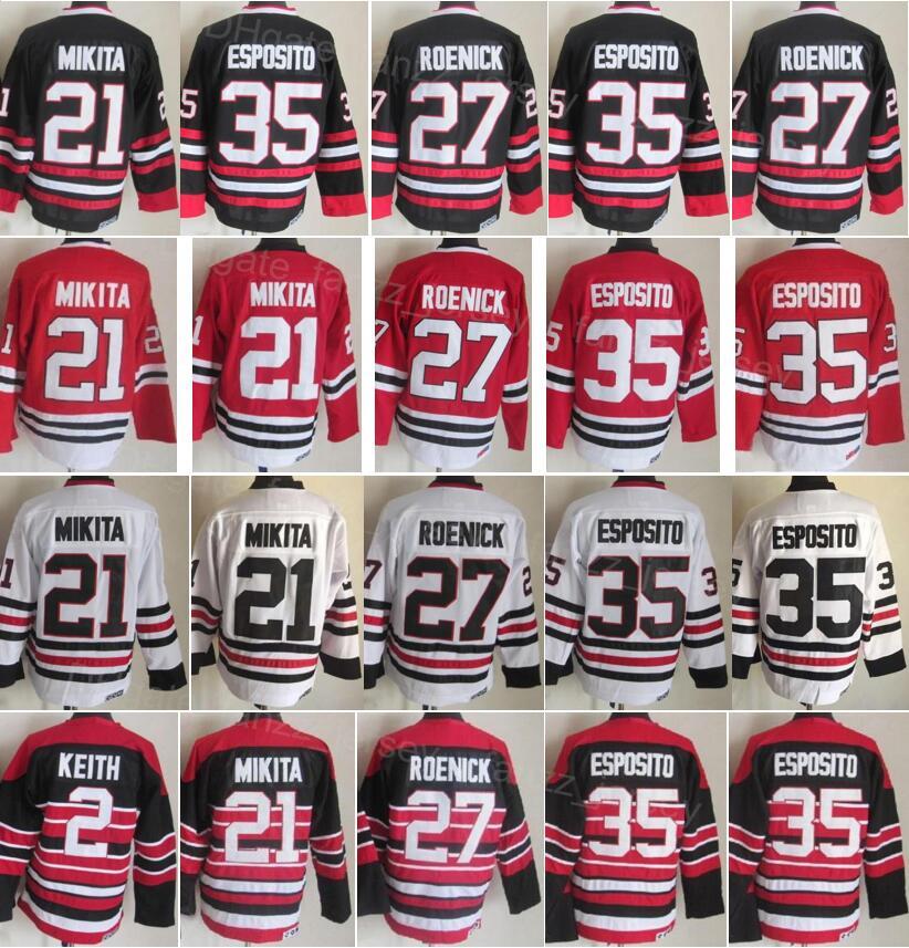 

College wear Men Vintage Ice Hockey Retro 21 Stan Mikita Jersey 2 Duncan Keith 35 Tony Esposito 27 Jeremy Roenick Home Black Red White Away, 27 black