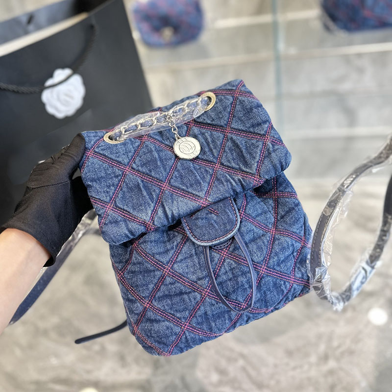

French Women Denim Fashion Shoulder Bags Backpack Diamond Lattice Quilted Large Capacity Classic Flap Shop Travel Tote Crossbody Handbag Luxury Designer Wallet, Blue