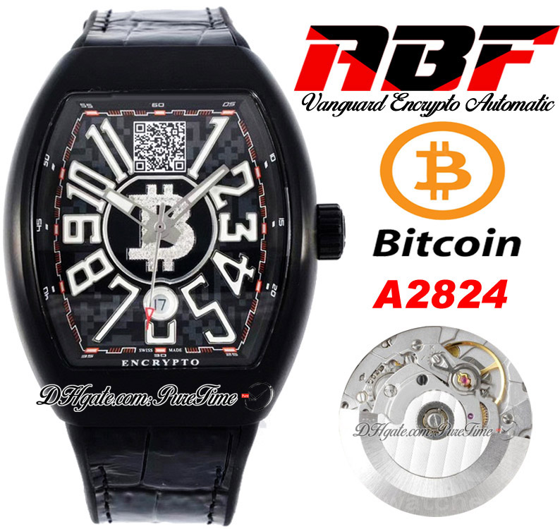 

ABF Vanguard Encrypto V45 A2824 Automatic Mens Watch PVD Steel Black Dial With Bitcoins Wallet Address Big Number Leather Strap Super Edition Puretime F02E5, Original box b style