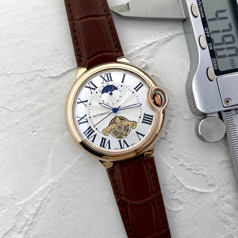 

Men Watch Stainless Steel tourbillon Four stitches 42mm Luxury Brand Automatic mechanical Watches leather Strap CART Fashion moon Phase