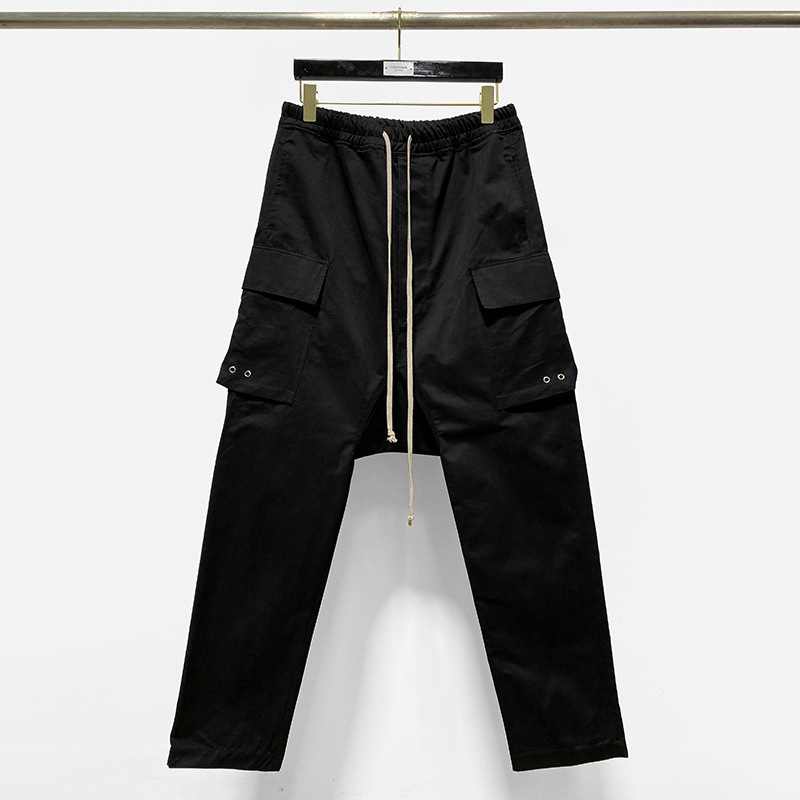 

High Street Rick Soft Cotton Pants Loose Pants Oversized Men Clothing Owens Cotton Shorts Men Cargo Pants Streetwear, Black