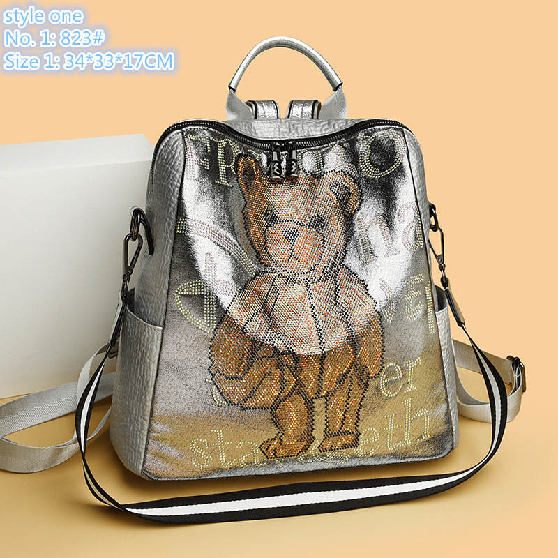 

Wholesale ladies shoulder bags 2 styles sweet and cute cartoon sequined messenger bag beautifully studded fashion backpack multifunctional leather handbag, Silver-823#-style one