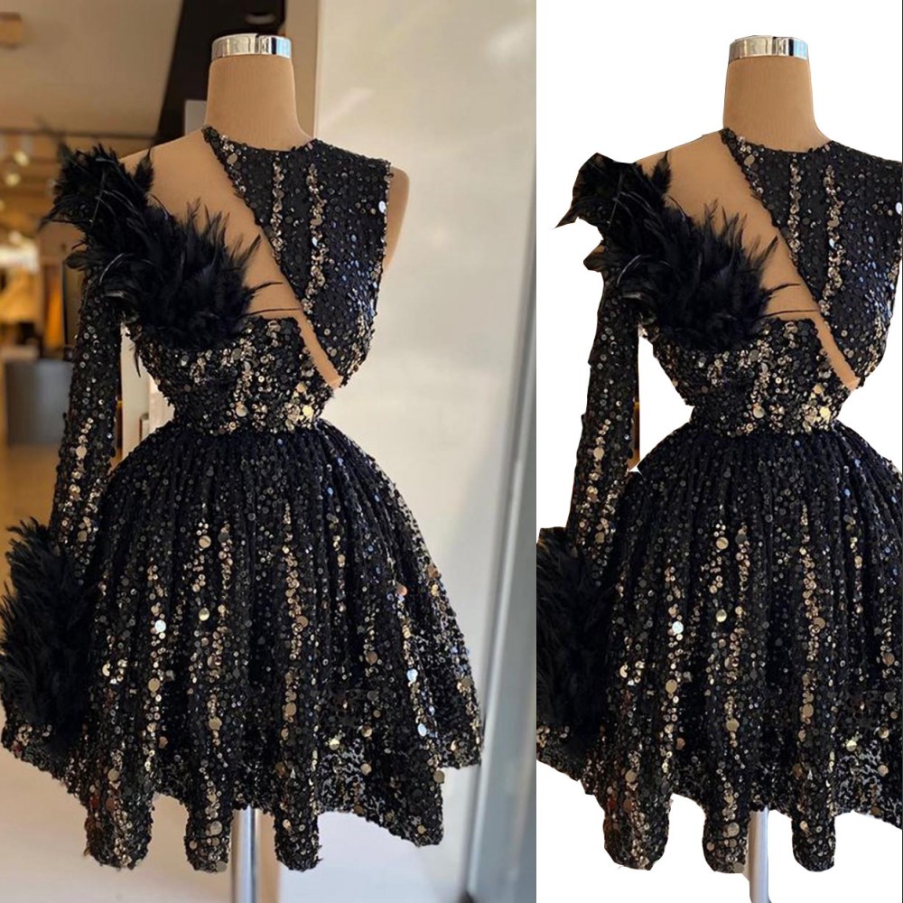 

2022 Sparkly Feather Cocktail Dresses Long Sleeve Luxury Beaded Black Sequined African Women Sequins Short Party Gowns Homecoming Formal Evening Dress, Light purple