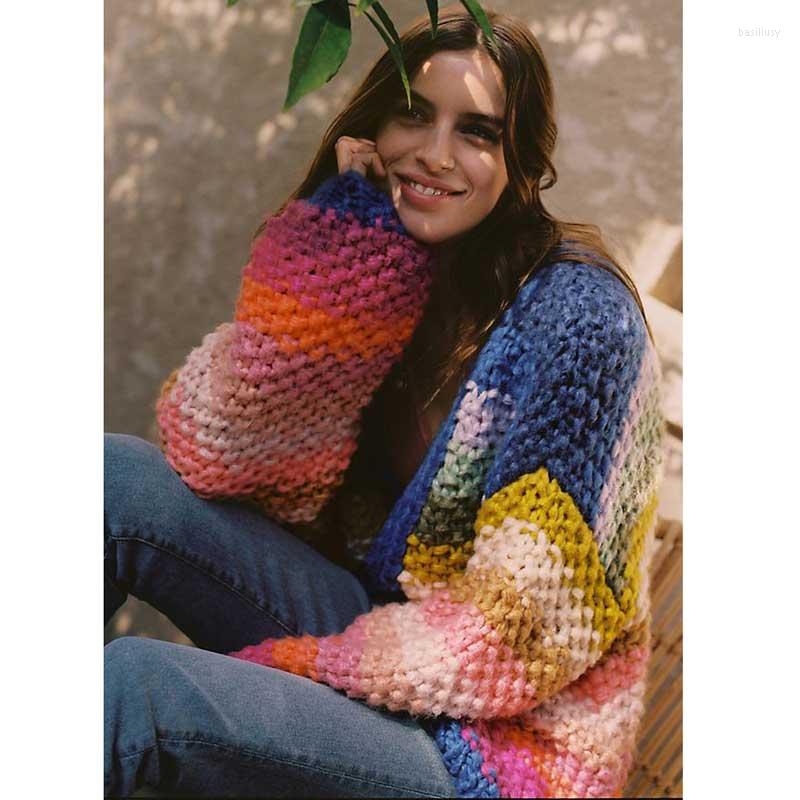 

Women's Knits Flordevida Rainbow Stripe Cardigan Women Hand Crocheted Sweater Autumn Winter Warm Knit Coat Streetwear, Multi