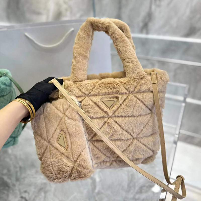 

prad bag 2-Piece Winter Fur Bags furry designer bag luxury handbag shoulder bag shopping totes triangle fashion style woman handbags purse with mini 9W3I, Fur black(l0g0)