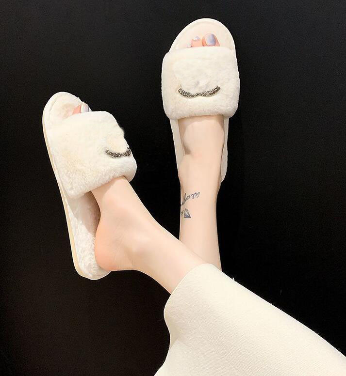 

Indoor Fur Slippers kawaii Letter Shining Crystal House Full Furry Soft Fluffy Plush Warm Platform Flats Heel Non-Slip Luxury Designer Shoes Casual Ladies, Chocolate